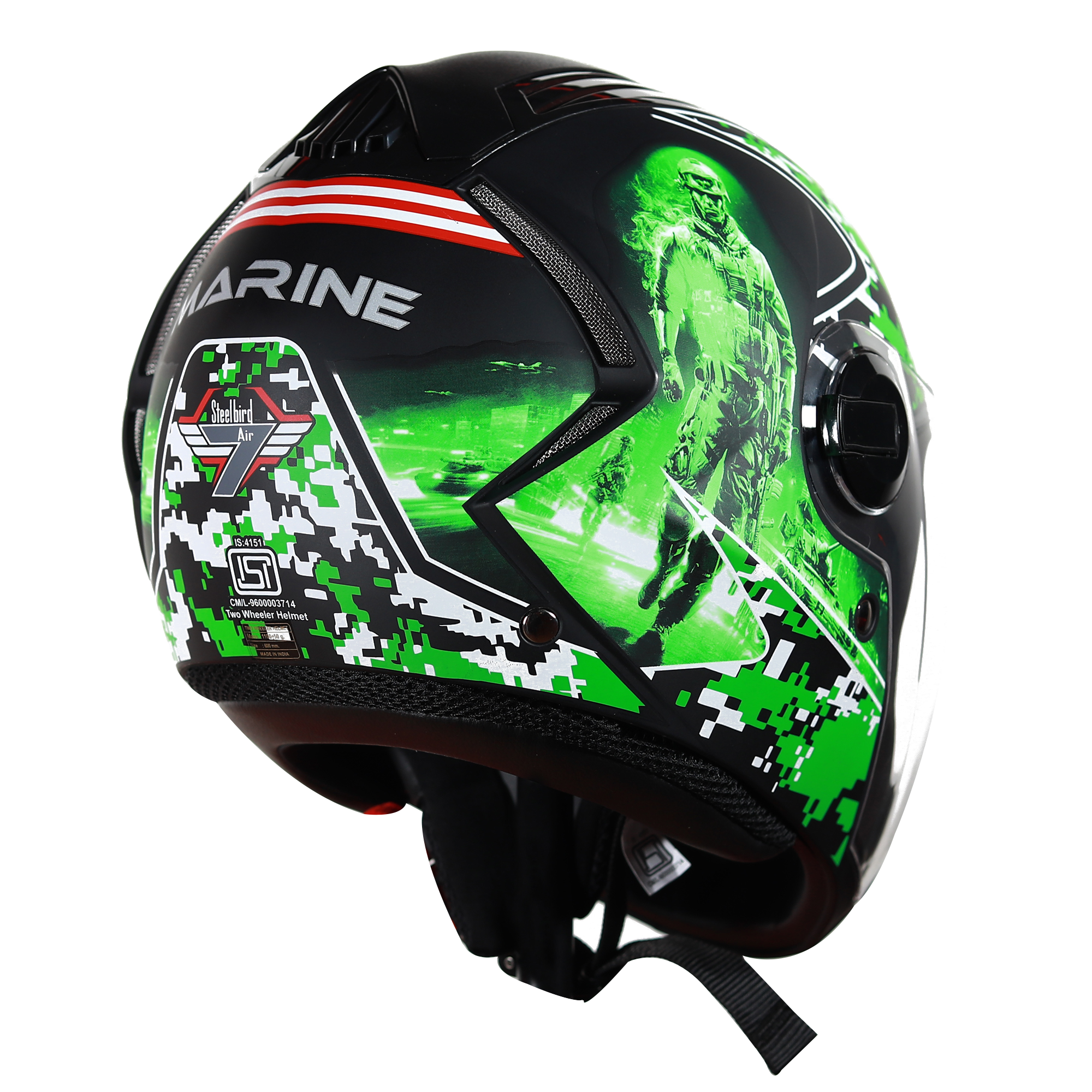 SBA-2 Marine Mat Black With Green ( Fitted With Clear Visor  Extra Green Night Vision Visor Free)